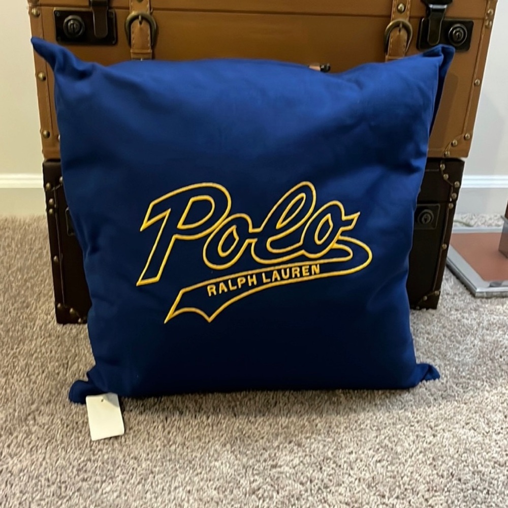 Polo Ralph Lauren Varsity Script Pennant Throw Pillow new blue yellow 20”x20”